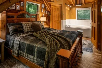 Bedroom with an en-suite jetted soaking tub just steps from the bed — soak, then fall straight into flannel. The most-requested room in the cabin, and you'll see why.