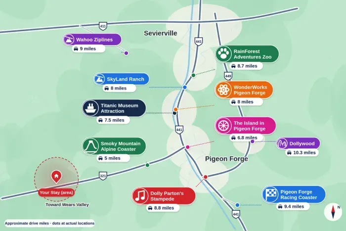 🏔️ Perfectly located for your Smoky Mountain adventure! Enjoy easy access to top attractions like the Smoky Mountain Alpine Coaster (5 mi), The Island (6.8 mi), Titanic Museum (7.5 mi), Dollywood (10.3 mi), and more!