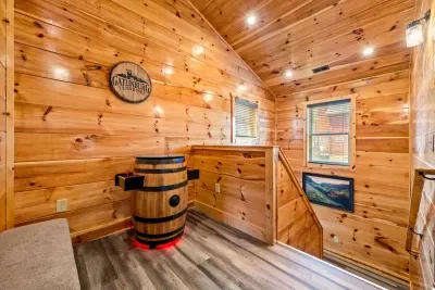 Whiskey-barrel table at the top of the stairs