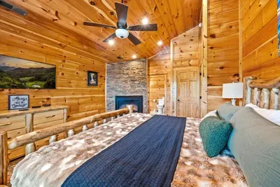 Log bed, dresser, and a TV on the pine wall