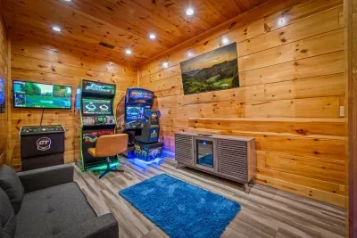 Arcade games, big screen, and a couch to spectate from
