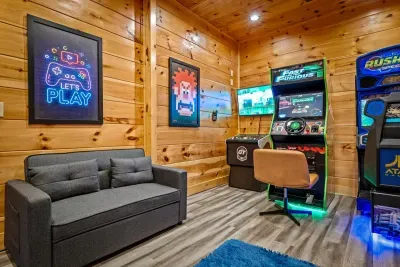 Arcade lineup with a loveseat for the spectators