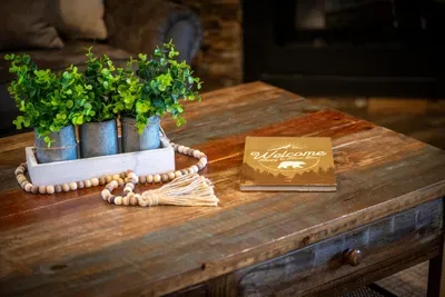 Welcome sign on the table, cabin ready for you
