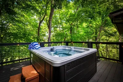Slip into the hot tub with the forest bubbling all around and not a neighbor in sight. The easiest way to unwind after a full day out — or before it.