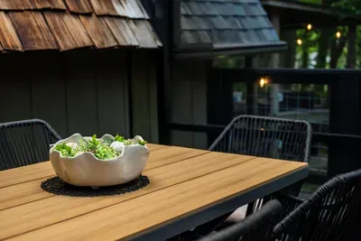 Alfresco dining set beneath the canopy — pull up a chair for dinner with a side of birdsong. Meals just taste better in the open air up here.