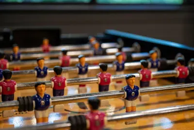 Foosball ready for a fast, loud, fiercely competitive round. Perfect for burning off energy between hikes — winner picks the dinner spot.