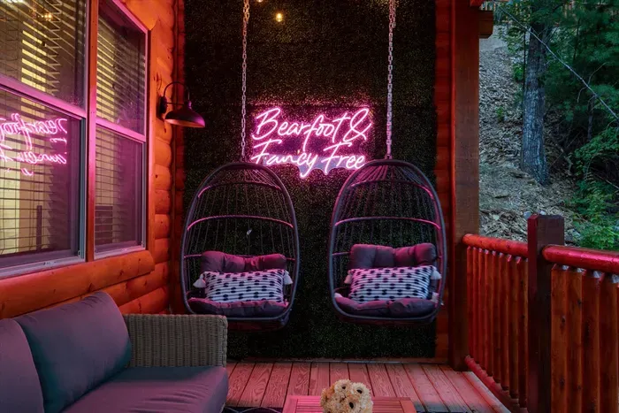 Your cozy mountain retreat awaits. Grab a seat in our swinging chairs and enjoy the peaceful evening vibes.