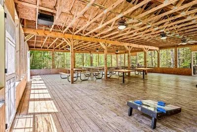 Community pavilion includes picnic tables for family and friends to eat together.