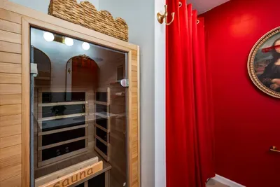 where, style meets comfort, a bathroom with vibrant red walls and a fresh, modern feel.