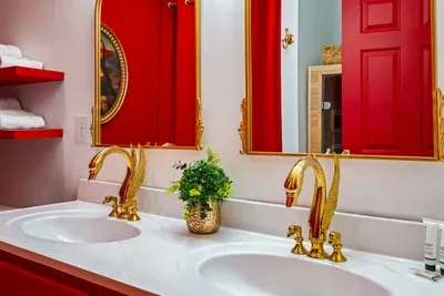 Double sinks, double comfort, a close view of a beautifully designed bathroom setup.