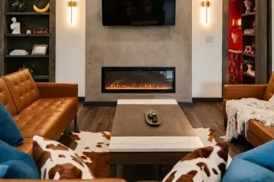 Fireplace glow, close and cozy, a beautiful living space made for relaxing moments.