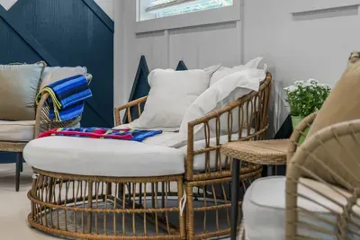 Cushioned seating beside the indoor pool lets non-swimmers relax while staying close to the fun.