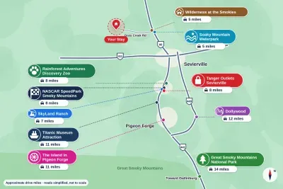 Enjoy easy access to popular Smoky Mountain attractions, including Wilderness at the Smokies (approx. 5 miles), Soaky Mountain Waterpark (approx. 5 miles), SkyLand Ranch (approx. 7 miles), The Island in Pigeon Forge (approx. 11 miles), and More!!