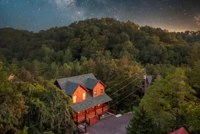 From above, Bearfoot Haven sits tucked among the wooded Smoky Mountain hills.