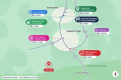 Enjoy easy access to some of the Smoky Mountains’ most popular attractions, including SkyLand Ranch, Adventure Park at Five Oaks, NASCAR SpeedPark, Rainforest Adventures Zoo, Dollywood, Dolly Parton’s Stampede, and The Island in Pigeon Forge, and more!