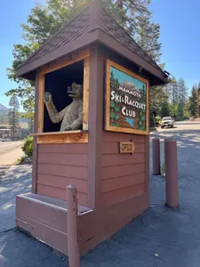 Mammoth Ski & Racquet Club Welcome bear at bottom of the driveway on Canyon Blvd