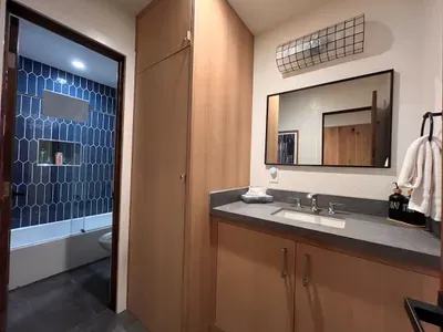 Living room bathroom vanity and shower/bath