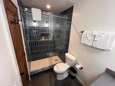 Walk in shower with glass shower enclosure.