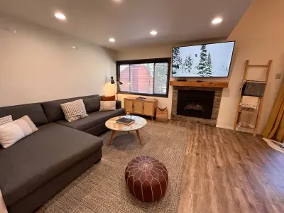 Living room with gas fireplace and 65" smrt TV.