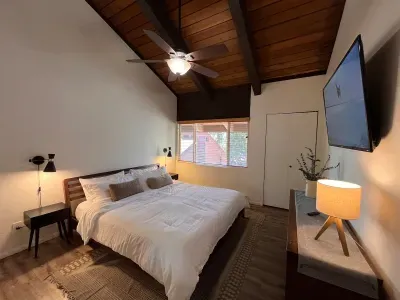 Bedroom with a king bed, cealing fan, 65" smart TV and a beautiful view of the Sherwins.