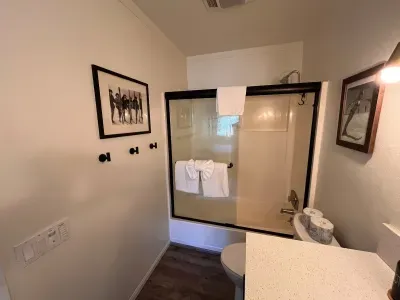 Upstairs bathroom view of shower.