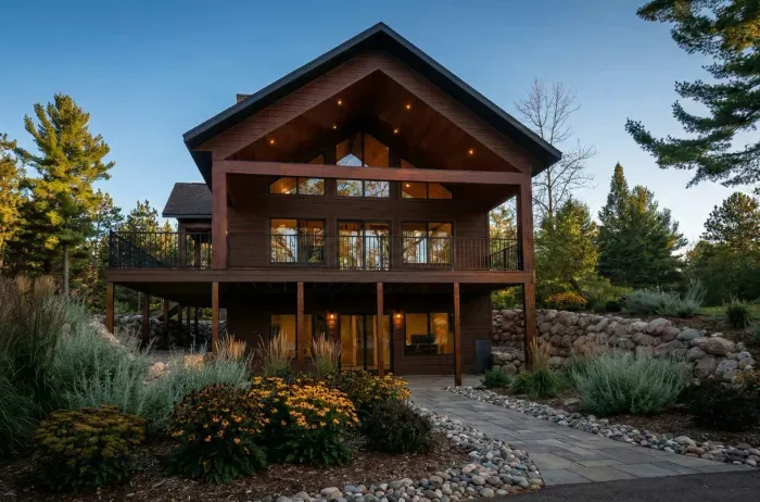 New build w/lake views from all levels! 3k+ sq.ft, 5-bdrm / 3bath, ramp access, covered wrap-around deck, finished lower-level walk out to the fire-pit area and path to private boat dock, and views of sunrise and sunset.  (Landscape AI Enhanced)