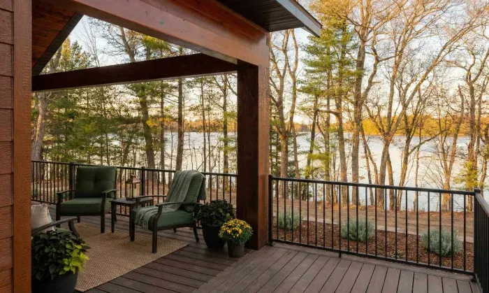 New build w/lake views from all levels! 3k+ sq.ft, 5-bdrm / 3bath, ramp access, covered wrap-around deck, finished lower-level walk out to the fire-pit area and path to private boat dock, and views of sunrise and sunset.  (Landscape AI Enhanced)
