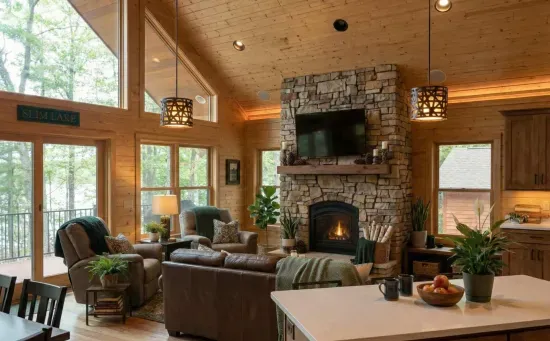 View from full kitchen w/counter-top seating (next to dining table to left) in great room connected to covered deck overlooking lake & above lower level patio & fire pit area.  (Accurate Ilustration, AI Enhanced Decor Due to Build In Progress)