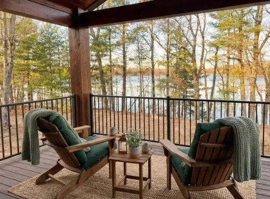 New build w/lake views from all levels! 3k+ sq.ft, 5-bdrm / 3bath, ramp access, covered wrap-around deck, finished lower-level walk out to the fire-pit area and path to private boat dock, and views of sunrise and sunset.  (Landscape AI Enhanced)