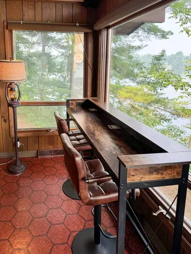 Great room workspace #2 to accommodate two guests comfortably, including USB and standard electric outlets to run necessary electronics.  Guest will have access to free high-speed wifi on the private and secure 5RK Lodge network.  