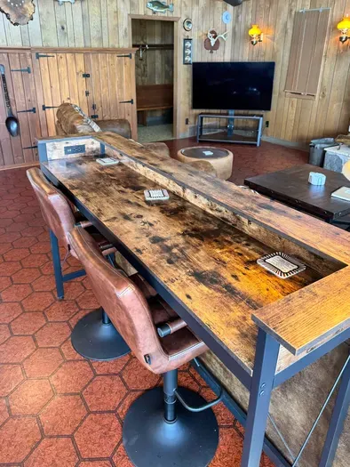 Great room workspace #1 to accommodate two guests comfortably, including USB and standard electric outlets to run necessary electronics.  Guest will have access to free high-speed wifi on the private and secure 5RK Lodge network.  