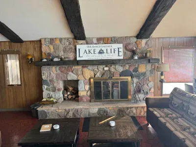 Fireplace and hearth within the 5RK Lodge great room.  The fireplace is functional but not for guest use at this time.