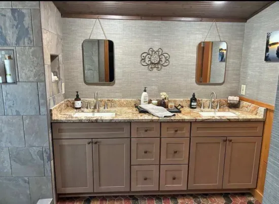 Newly renovated master bedroom lake view suite with dual vanity bathroom ensuite including custom oversized shower