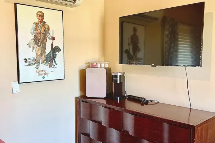 TV with Netflix and Roku--we have a Wi-Fi extender to help increase the signal.  We offer a small fridge, personal Keurig, with a few coffee pods to get you started.  Full-size dresser and wall mounted hanging system for clothes.  Mini-split acts AC.