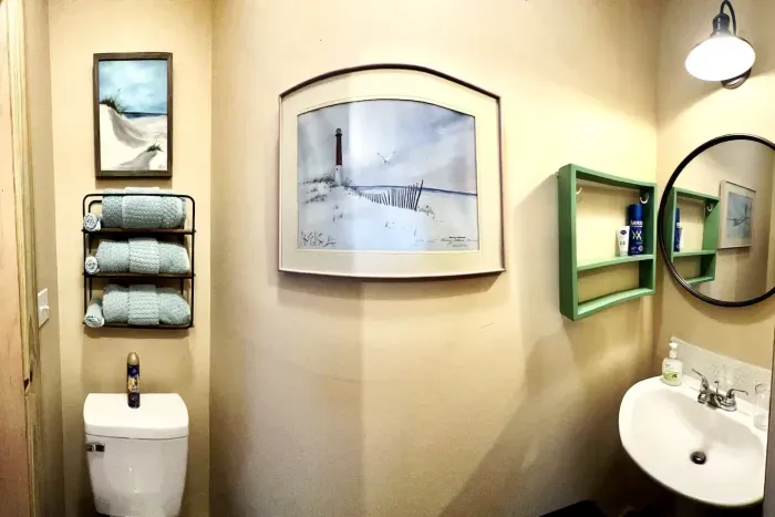 Pano of 1/2 bath.  Its small but at 2a.m.--you'll be glad its available.  Sink, toilet, towels--all you need!