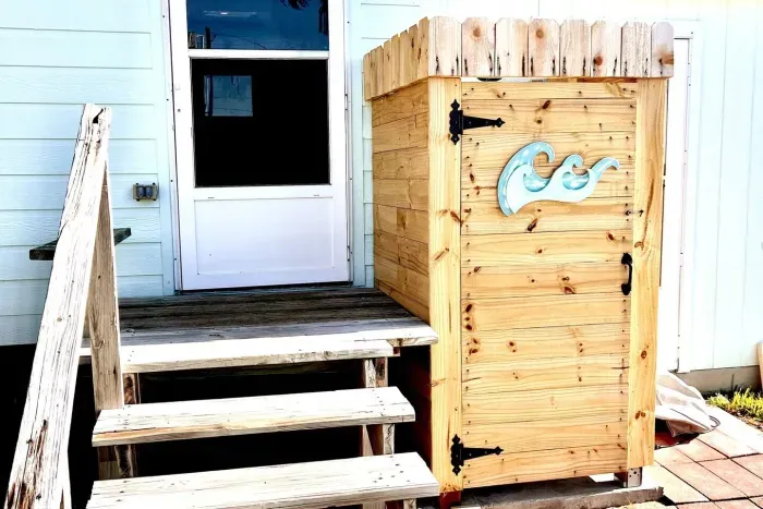 Outdoor shower with both hot and cold water.