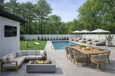 Relax poolside, dine outdoors, and gather by the fire table in this private backyard retreat.

These amenities' availability is seasonal.

Design rendering of the backyard layout currently being installed. Final furnishings may vary slightly.