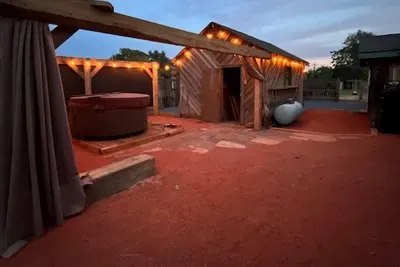 Backyard with Hot Tub & Entertainment Shed!