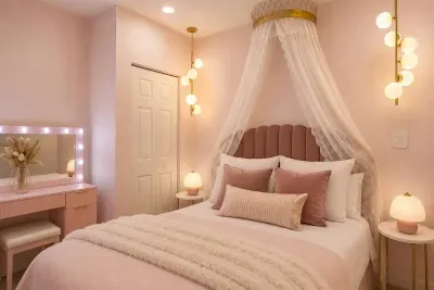 Features a velvet queen-size bed with royal crown canopy, Hollywood vanity mirror, accent chair, bubble pendant lights, and delicate lace curtains.