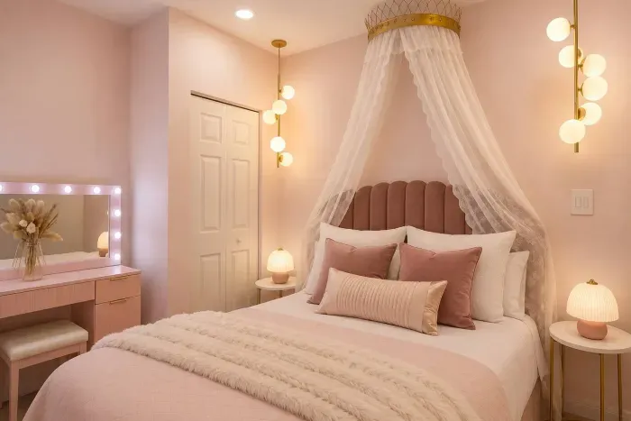 Features a velvet queen-size bed with royal crown canopy, Hollywood vanity mirror, accent chair, bubble pendant lights, and delicate lace curtains.