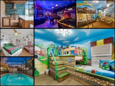 A glimpse of it all: summer kitchen, Minecraft game room, Dragon and Mario themed bedrooms, and the screened pool!