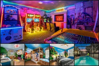A taste of the fun: private pool, neon Fortnite-style game room, Roblox, Sonic, and Pokemon-themed bedrooms.