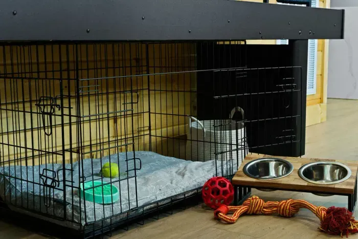 Pet-friendly setup with cozy crate, toys, and raised feeding bowls