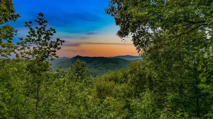 Peaceful mountain sunset views surrounded by lush forest