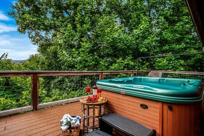 Private forest-view hot tub deck for relaxing, soak-and-unwind escapes