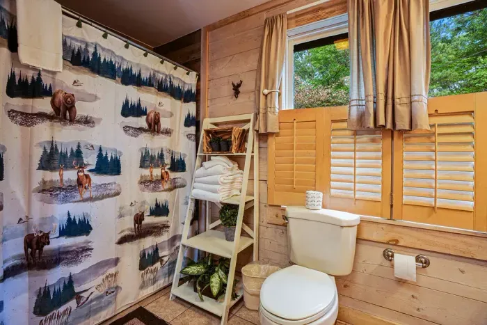 Rustic cabin-style bathroom with natural light and charming woodland decor