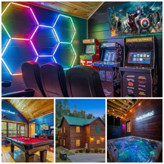 Cabin fun: arcade, theater seats, pool table & glowing hot tub