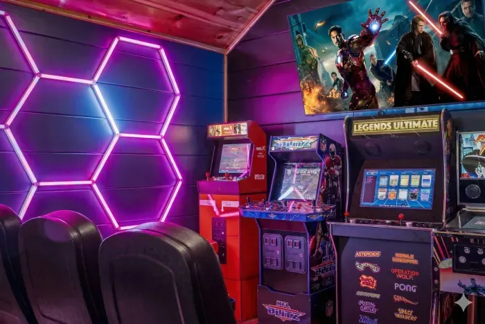 Neon-lit arcade lounge with retro cabinets and theater seating