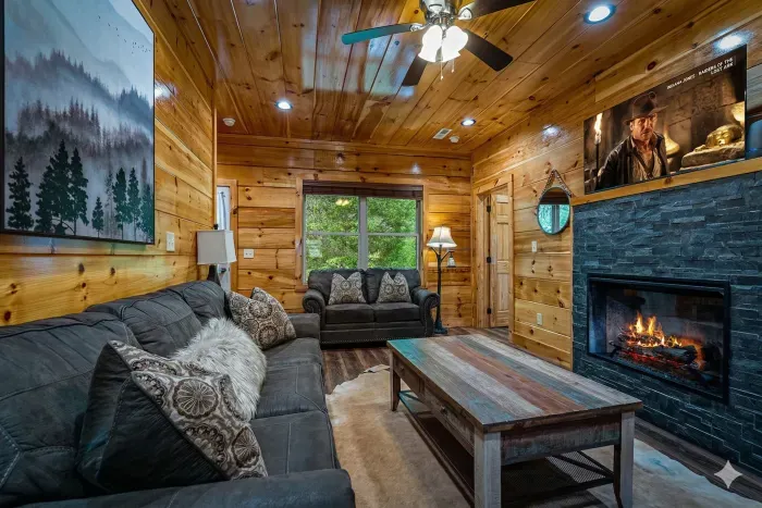 Cozy cabin lounge with fireplace, smart TV, and forest-view window