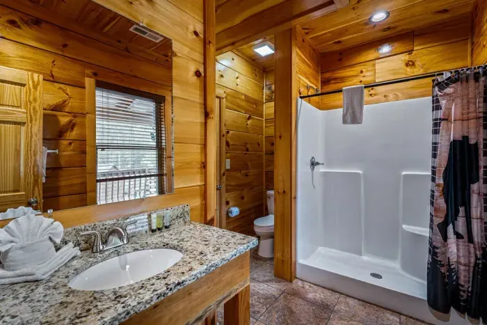 Rustic cabin bath with granite vanity and roomy walk-in shower